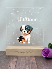 a picture of a small dog on a wooden block