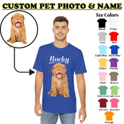 a man wearing a custom pet photo and name t - shirt