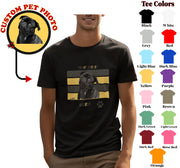 a man wearing a black t - shirt with a picture of a dog on it