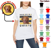 a woman wearing a t - shirt with a picture of a dog on it