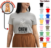 a woman wearing a t - shirt with a picture of a dog on it