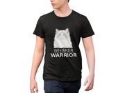 a man wearing a black t - shirt with a white cat on it