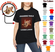 a woman wearing a black t - shirt with a picture of a dog on it