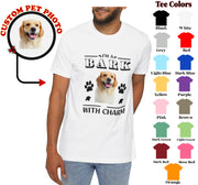 a man wearing a t - shirt with a picture of a dog on it