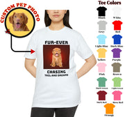 a woman wearing a t - shirt with a picture of a dog on it