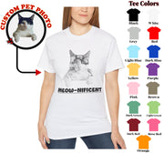 a woman wearing a t - shirt with a picture of a cat on it