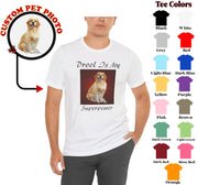 a man wearing a t - shirt with a picture of a dog on it