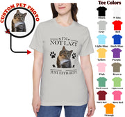 a woman wearing a t - shirt with a cat saying i'm not lazy