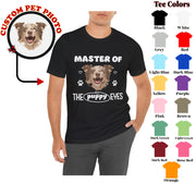 a man wearing a black t - shirt with a picture of a dog on it