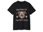 a black t - shirt with an image of a dog's face and paws