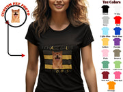 a woman wearing a black shirt with a picture of a dog on it