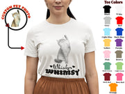 a white t - shirt with a black and white image of a cat