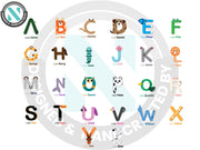 a set of alphabets with animals and letters