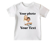 a white t - shirt with a picture of a boy and girl hugging each other