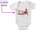 a white bodysuit with a picture of a hero henry on it