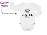 a baby bodysuit with the name joyful island printed on it