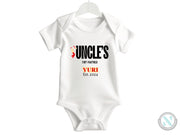 a white onesuit with the words uncle's on it