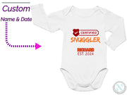 a long sleeved bodysuit with the words certified smugler on it