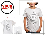 a young boy wearing a five year birthday t - shirt
