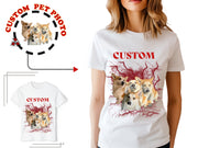 a woman wearing a custom pet photo t - shirt