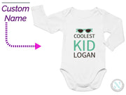 a baby bodysuit that says coolest kid logan