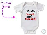 a white baby bodysuit with the words twinkle twinkle little benjamin on it