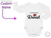 a baby bodysuit with the name charming danielle on it
