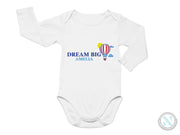 a white long sleeve bodysuit with a hot air balloon and the words dream big