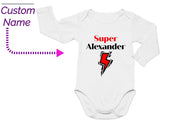 a white bodysuit with the name of a baby