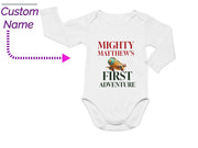 a baby bodysuit with the words mighty mathew's first adventure on it