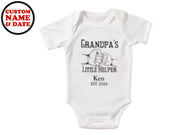 a white bodysuit with the words grandpa's little helper on it