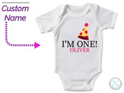 a white onesuit with a birthday hat on it