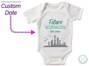 a white bodysuit with the words future world church on it