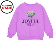 a purple sweatshirt with a bunch of balloons on it