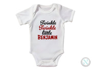 a white bodysuit with the words twinkle twinkle little benjamin on it