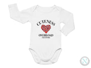 a white bodysuit with a heart that says cutieves overload