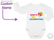 a baby bodysuit with the name ruby's big celebration on it