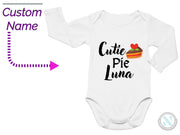 a baby bodysuit with the name cutie pie luna on it