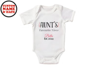 a white bodysuit with the words hunt's favorite niece