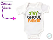 a baby bodysuit with the name tiny ghoul parker on it