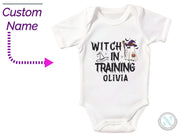a white bodysuit with the words witch in training written on it