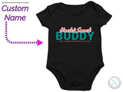 a black bodysuit with a custom name and a picture of the bodysuit