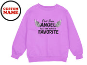 a pink sweatshirt with a black and white image of an angel on it