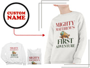 a white sweatshirt with the words mighty mathew's first adventure printed on it