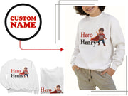 a white sweatshirt with a picture of a hero henry on it