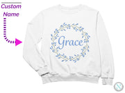 a white sweatshirt with the word grace printed on it