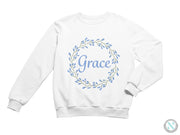 a white sweatshirt with the word grace printed on it