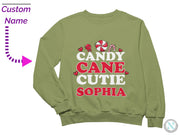 a green sweatshirt with candy cane cutie sophia on it