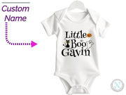 a baby bodysuit with the words little boo gavin printed on it