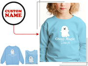 a child's blue sweatshirt with a ghost on it